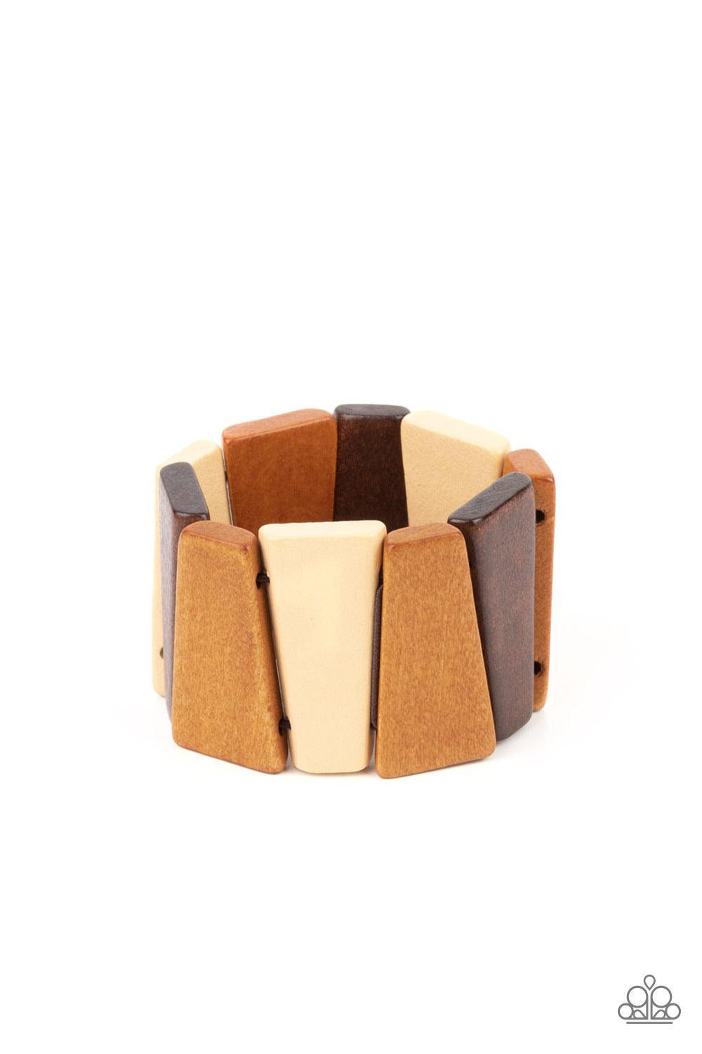Paparazzi Accessories Barbados Backdrop - Multi Tinted in various shades of brown, chunky triangular wooden frames are threaded along stretchy bands around the wrist for an earthy look. Sold as one individual bracelet. Jewelry