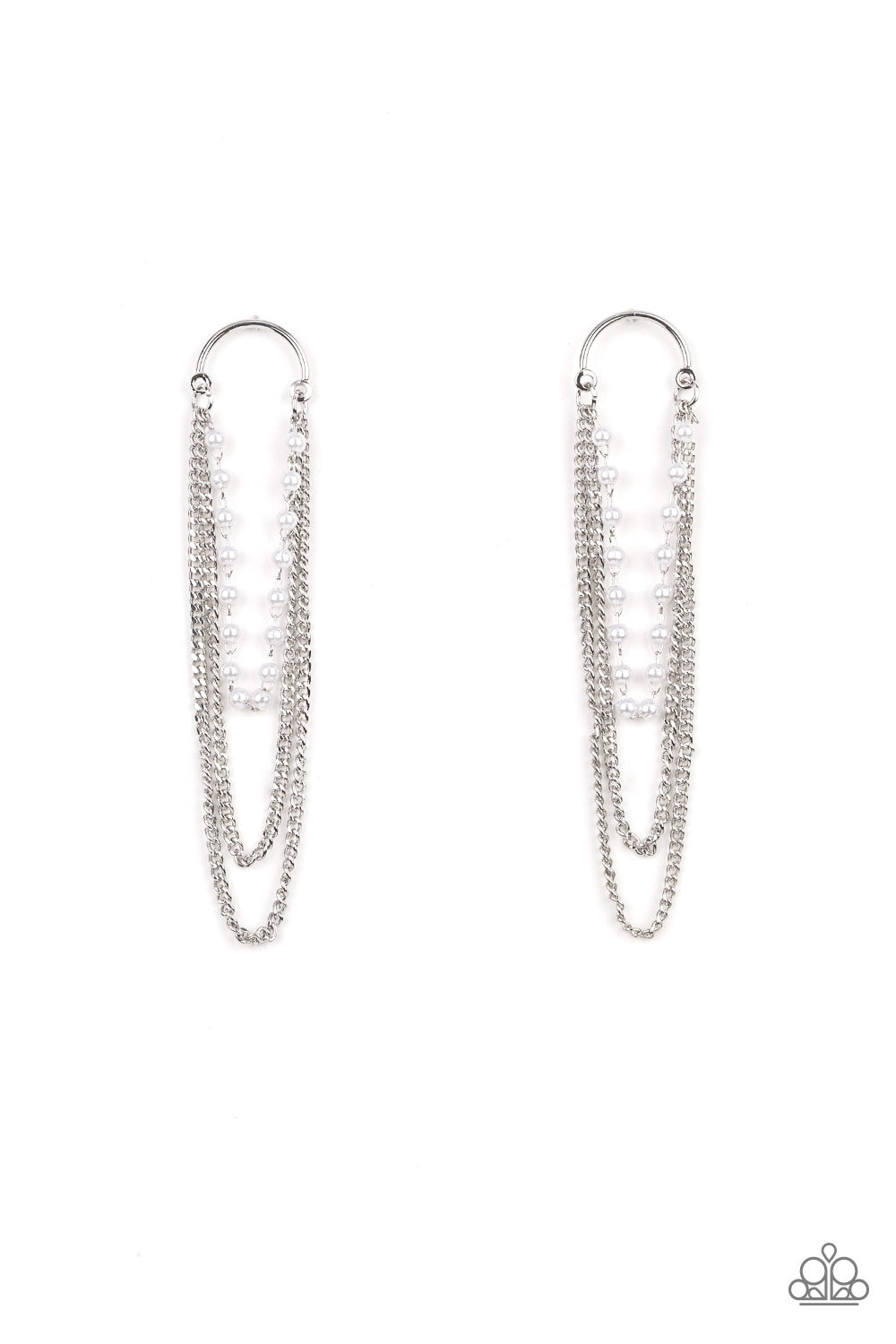 Paparazzi Accessories Vintage VIP - White Elegant trestles of dainty white pearls and shimmery silver chains cascade from the bottom of a silver half moon frame, creating a vintage inspired glamour. Earring attaches to a standard post fitting. Sold as one