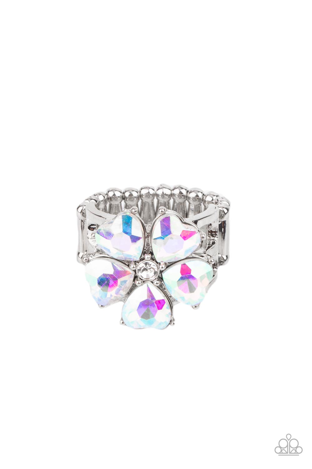 Paparazzi Accessories Minnesota Magic - Multi Glittery heart shaped iridescent rhinestones bloom from a dainty white rhinestone center, creating a sparkly floral centerpiece atop layered silver bands. Features a stretchy band for a flexible fit. Sold as o