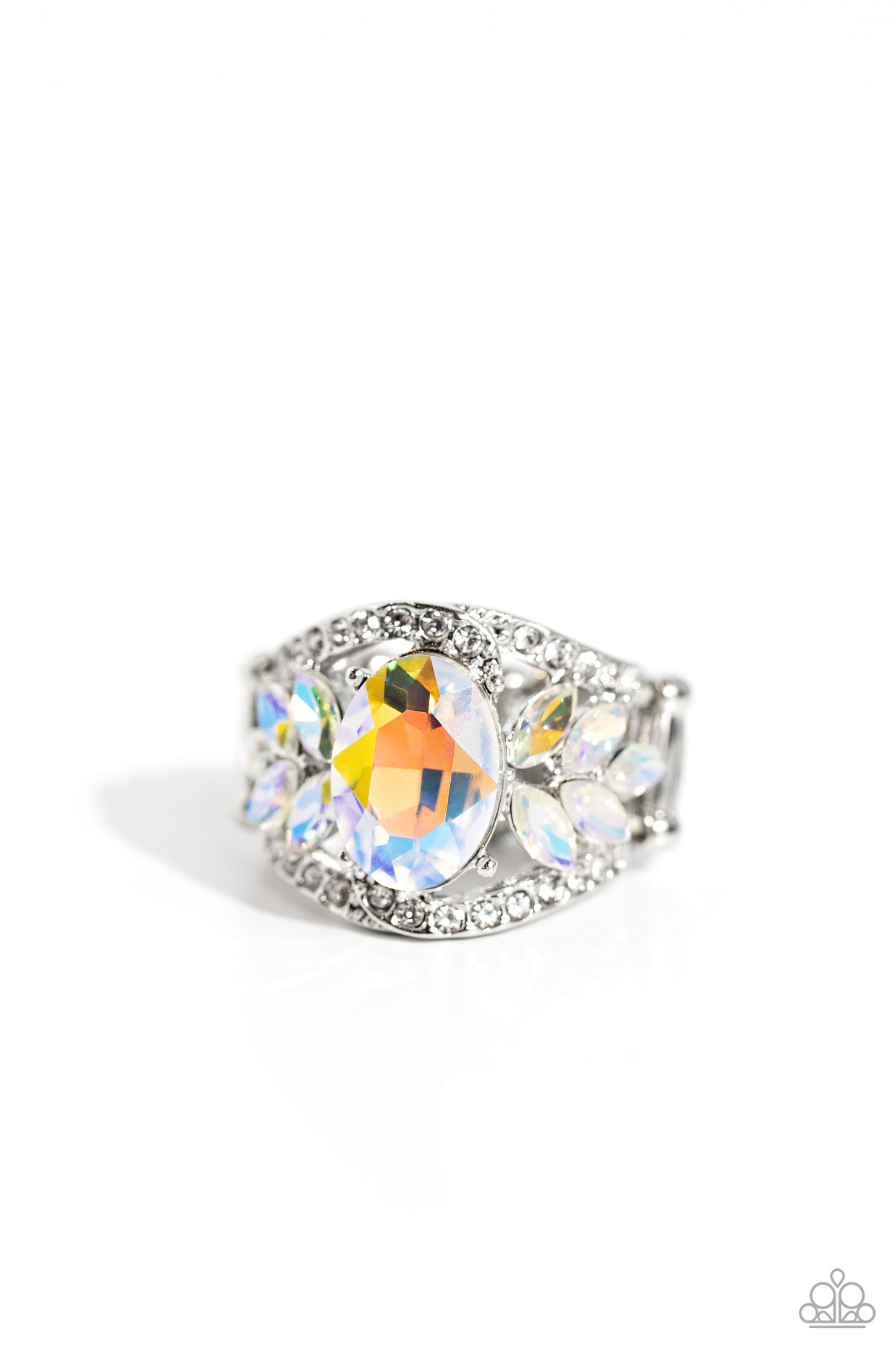 Paparazzi Accessories Cosmic Clique - Multi Bordered in dainty rows of glassy white rhinestones, leafy iridescent rhinestones bloom from a dramatically oversized iridescent rhinestone that coalesces into a glamorous centerpiece atop the finger. Features a