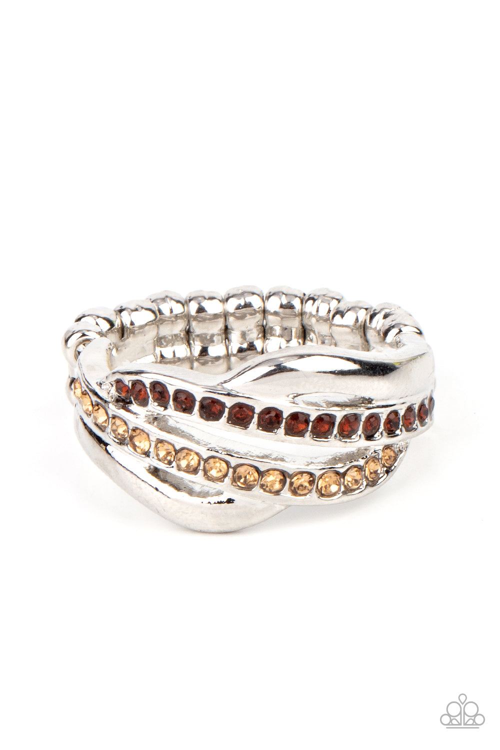 Paparazzi Accessories Daintily Dreamy - Brown Infused with glistening silver bars, a pair of golden and classic topaz rhinestone encrusted bands delicately swoop across the finger for a demurely layered look. Features a dainty stretchy band for a flexible