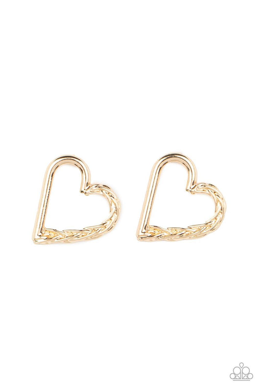 Paparazzi Accessories Cupid, Who? - Gold One side of a glistening gold heart frame is subtlety twisted with twinkly texture, creating a romantic display. Earring attaches to a standard post fitting. Sold as one pair of post earrings. Jewelry