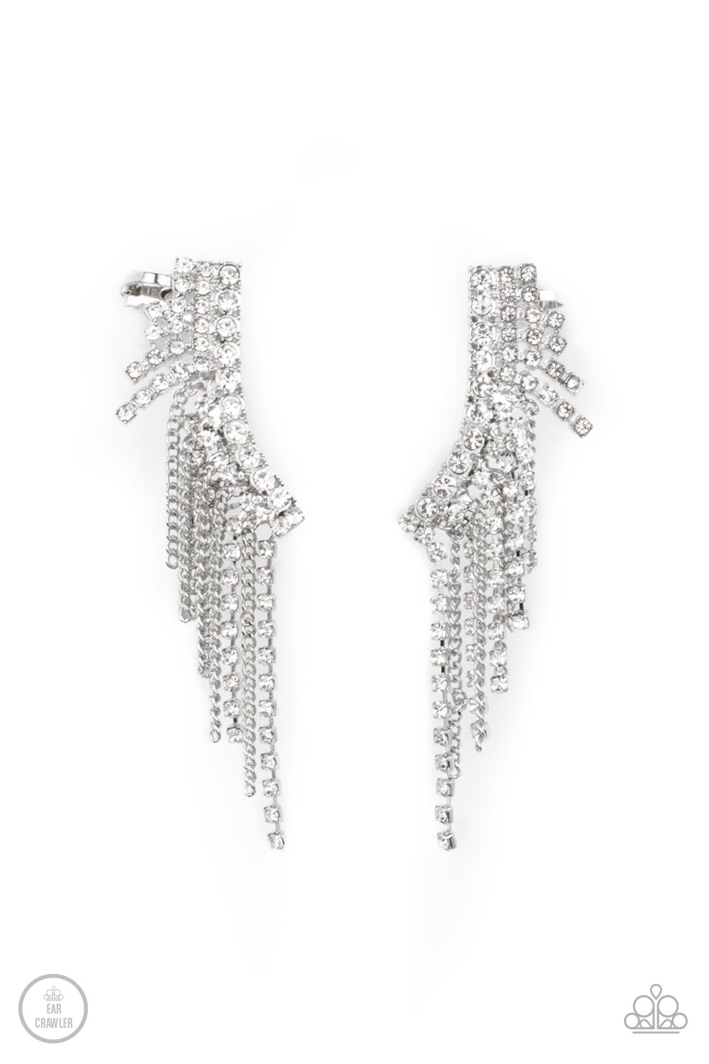 Paparazzi Accessories Thunderstruck Sparkle - White A tapered fringe of dainty silver chains and glittery strands of white rhinestones cascades from the edge of a curving white rhinestone encrusted frame, creating an edgy centerpiece. Features a clip-on f