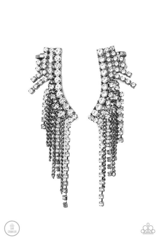 Paparazzi Accessories Thunderstruck Sparkle - Black A tapered fringe of dainty gunmetal chains and glittery strands of white rhinestones cascades from the edge of a curving white rhinestone encrusted frame, creating an edgy centerpiece. Features a clip-on