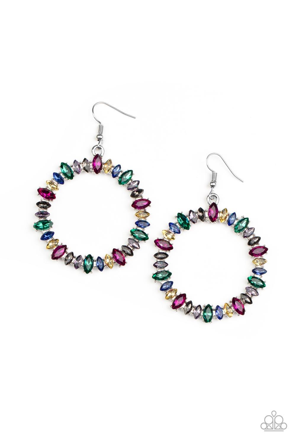Paparazzi Accessories Glowing Reviews - Multi Encased in pronged silver fittings, a sparkly collection of marquise cut rhinestones delicately coalesce into a brilliant multicolored hoop for a show-stopping finish. Earring attaches to a standard fishhook f