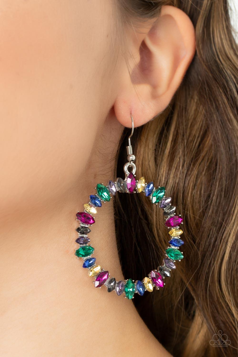 Paparazzi Accessories Glowing Reviews - Multi Encased in pronged silver fittings, a sparkly collection of marquise cut rhinestones delicately coalesce into a brilliant multicolored hoop for a show-stopping finish. Earring attaches to a standard fishhook f