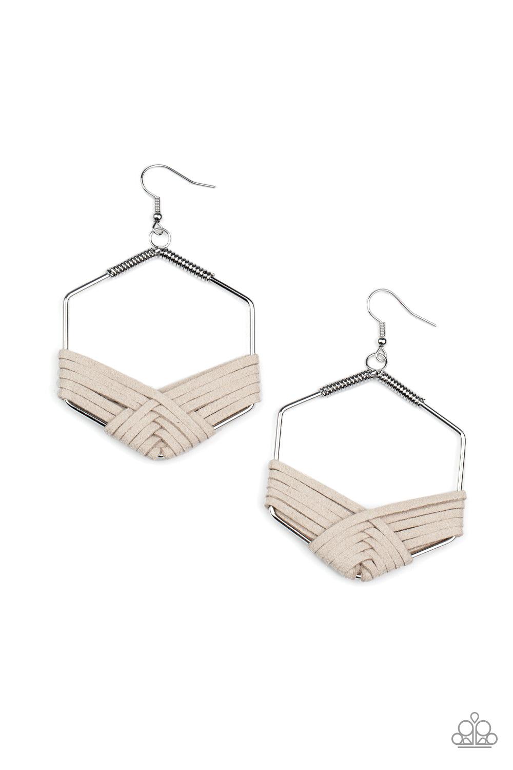 Paparazzi Accessories Suede Solstice - Silver Strands of Ultimate Gray suede decoratively weaves around the bottom of a hexagonal silver frame, creating a colorfully rustic centerpiece. Earring attaches to a standard fishhook fitting. Sold as one pair of