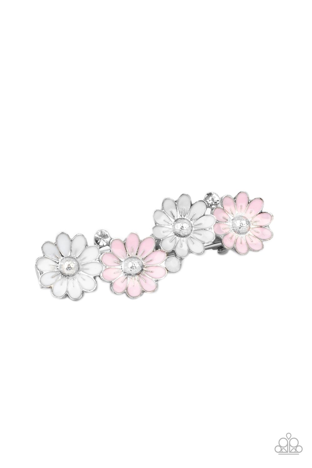Paparazzi Accessories Ok, BLOOMER - Pink Featuring hammered silver beaded centers, pairs of white and pink flowers join opal and white rhinestones across the front of a silver frame for a seasonal look. Features a standard hair clip on the back. Sold as o
