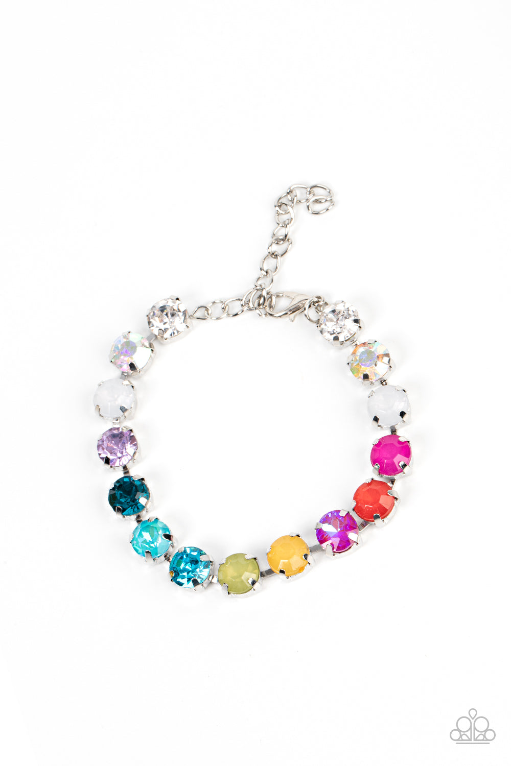 Paparazzi Accessories Dreamy Debutante - Multi Encased in classic silver pronged fittings, an oversized display of dewy, iridescent, and classic multicolored rhinestones delicately links around the wrist for a dreamy dazzle. Features an adjustable clasp c