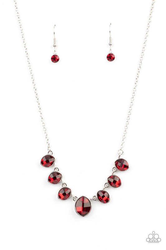 Paparazzi Accessories Material Girl Glamour - Red Encased in sleek silver fittings, elegant cut fiery red rhinestones delicately connect below the collar. An oversized red rhinestone adorns to the middle of the glittery strand, creating a sparkly centerpi
