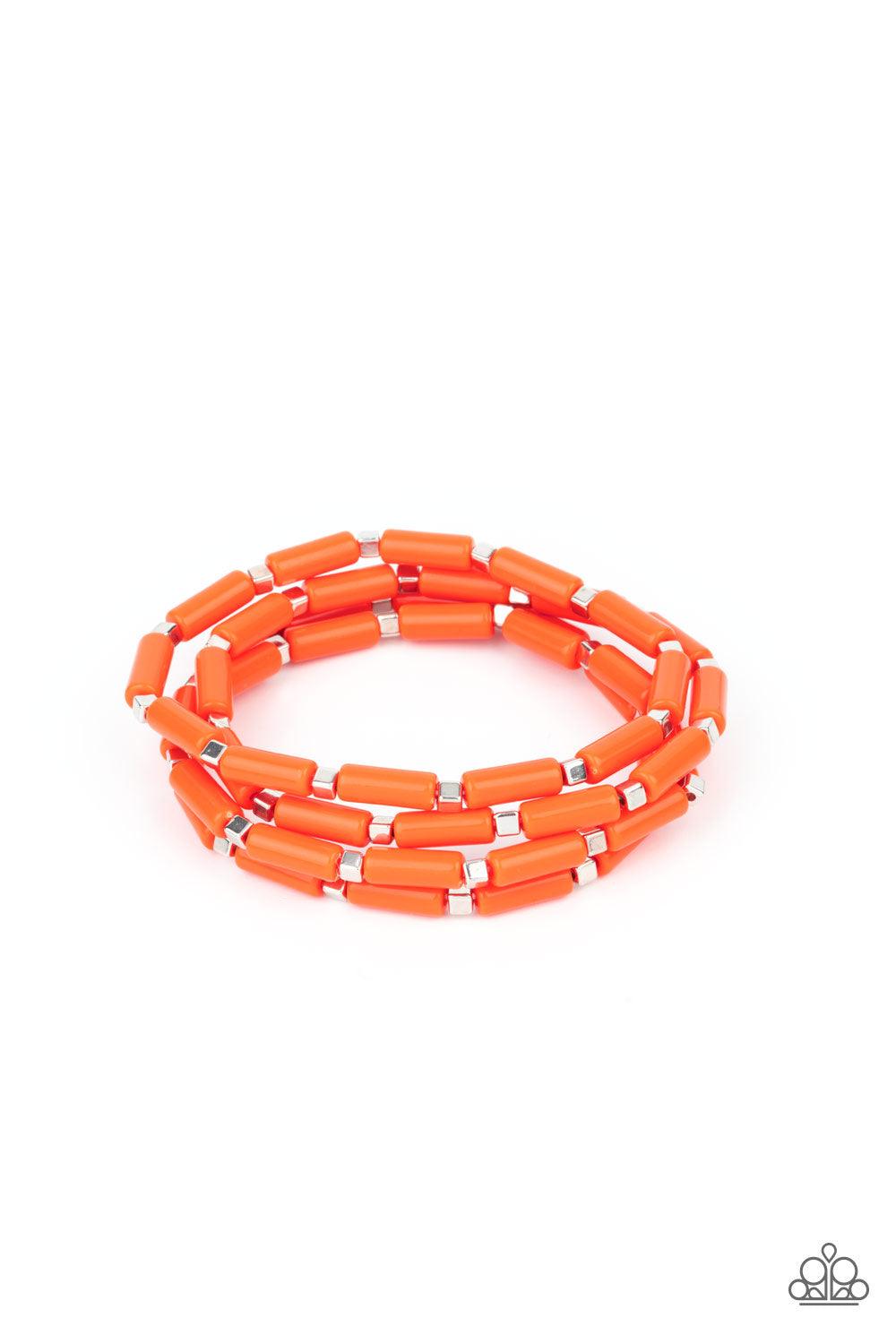 Paparazzi Accessories Radiantly Retro - Orange A playful collection of dainty silver cube beads and cylindrical orange beads are threaded along stretchy bands, creating colorful layers around the wrist. Sold as one set of four bracelets. Jewelry