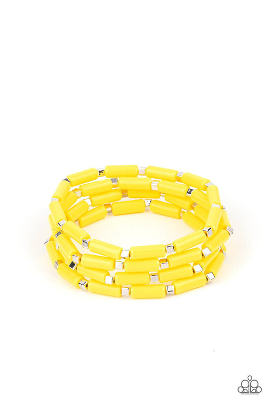 Paparazzi Accessories Radiantly Retro - Yellow A playful collection of dainty silver cube beads and cylindrical Illuminating beads are threaded along stretchy bands, creating colorful layers around the wrist. Sold as one set of four bracelets. Jewelry