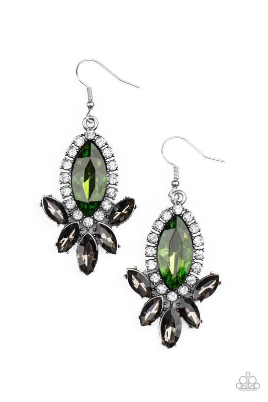 Paparazzi Accessories Serving Up Sparkle - Green A fan of smoky marquise cut rhinestones flares out from the bottom of an oversized green marquise cut rhinestone that is bordered in dainty white rhinestones, resulting in a dramatically dazzling display. E