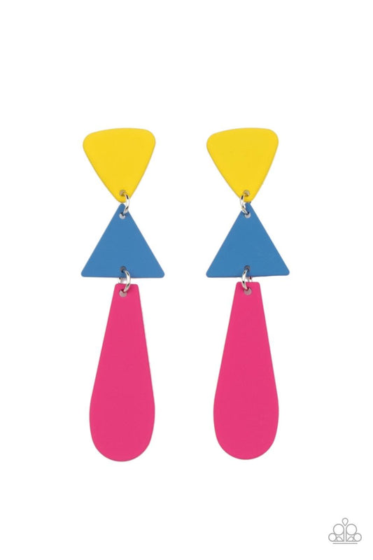 Paparazzi Accessories Retro Redux - Multi Featuring a flat matte finish, an Illuminating triangle, a French Blue triangle, and an oval Fuchsia Fedora frame delicately links into a colorfully retro lure. Earring attaches to a standard post fitting. Sold as