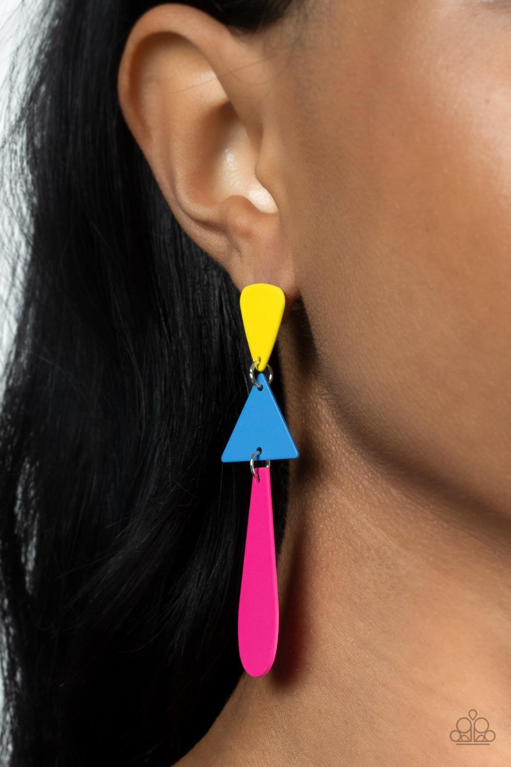 Paparazzi Accessories Retro Redux - Multi Featuring a flat matte finish, an Illuminating triangle, a French Blue triangle, and an oval Fuchsia Fedora frame delicately links into a colorfully retro lure. Earring attaches to a standard post fitting. Sold as