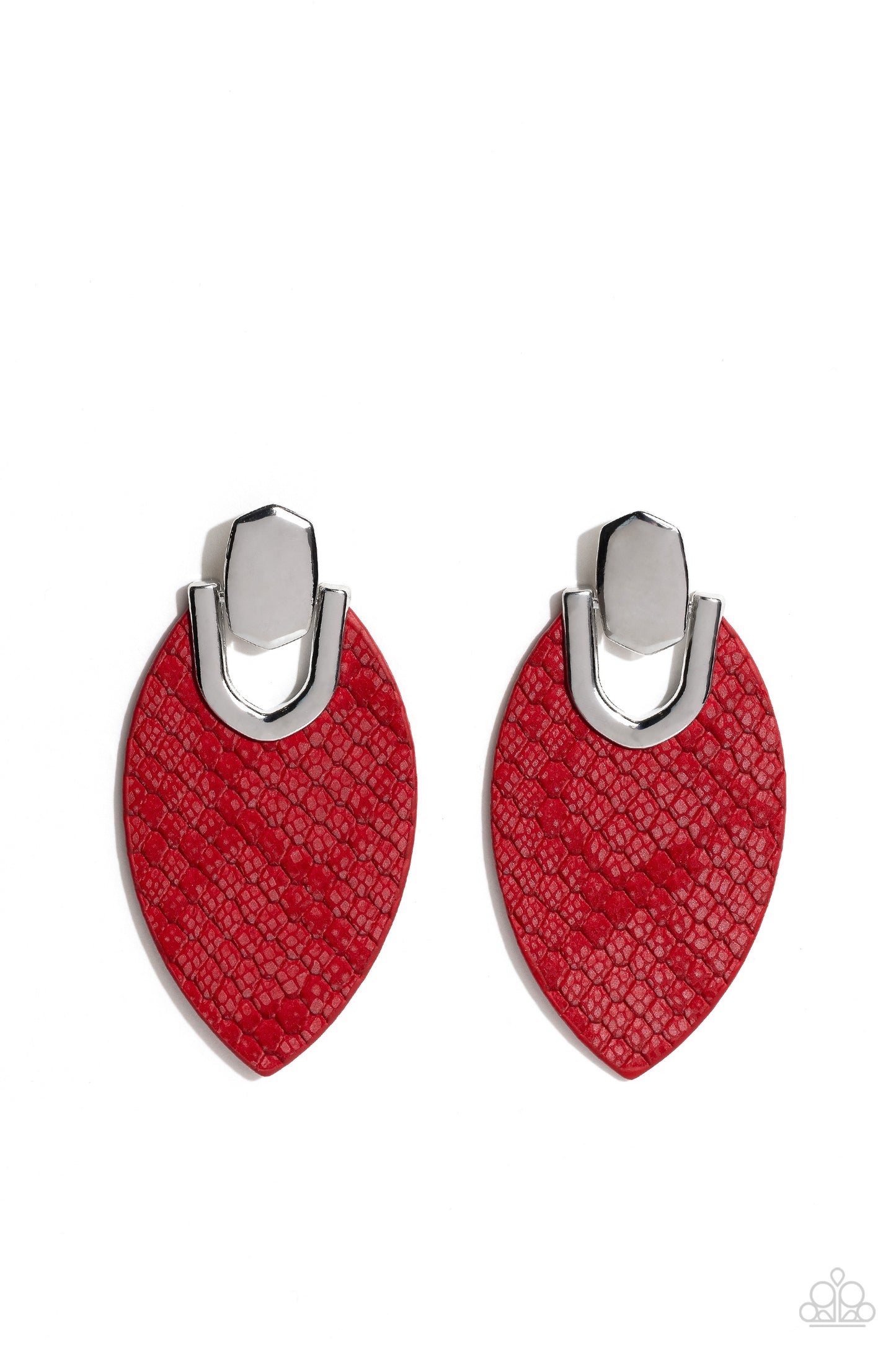 Paparazzi Accessories Wildly Workable - Red Featuring python-like texture, an oval Fire Whirl leather frame attaches to a bold silver fitting, creating a wild lure. Earring attaches to a standard post fitting. Sold as one pair of post earrings. Jewelry