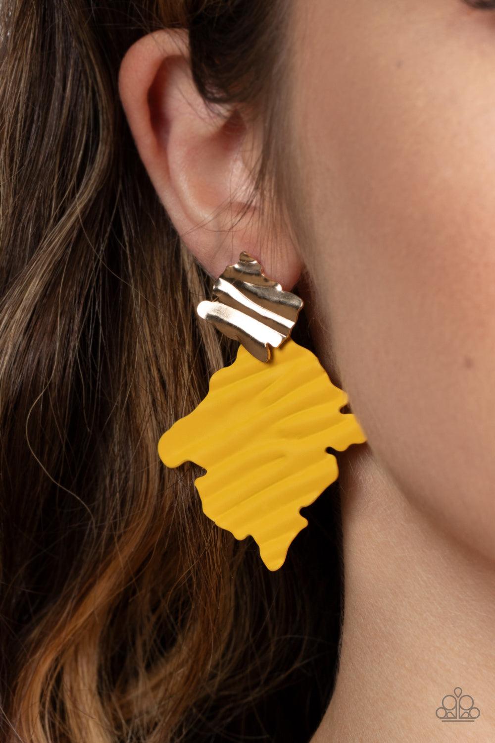 Paparazzi Accessories Crimped Couture - Yellow Painted in a rustic finish, a rippling Mustard frame links to a dainty gold frame featuring crimped texture, resulting in a modern lure. Earring attaches to a standard post fitting. Sold as one pair of post e