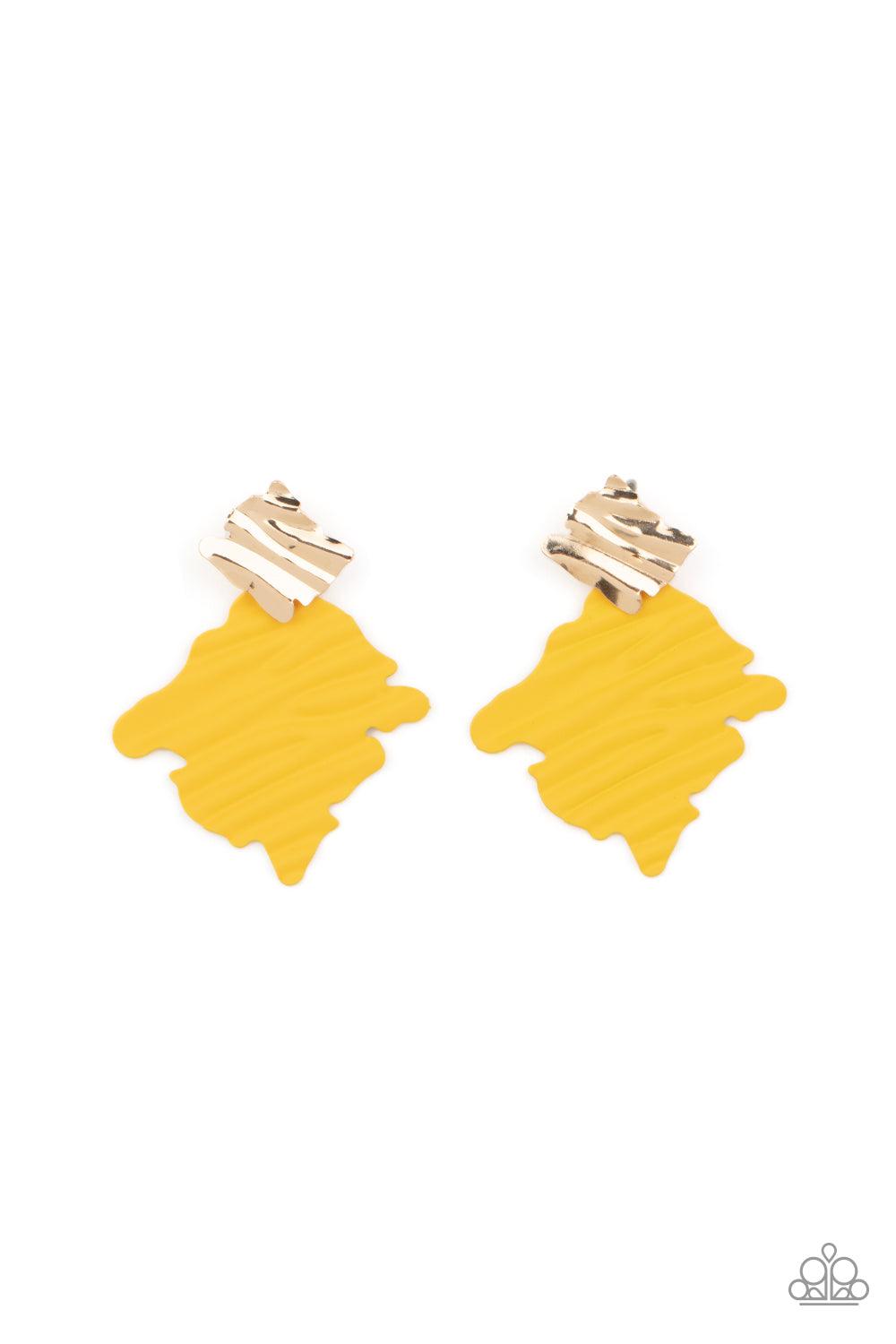 Paparazzi Accessories Crimped Couture - Yellow Painted in a rustic finish, a rippling Mustard frame links to a dainty gold frame featuring crimped texture, resulting in a modern lure. Earring attaches to a standard post fitting. Sold as one pair of post e