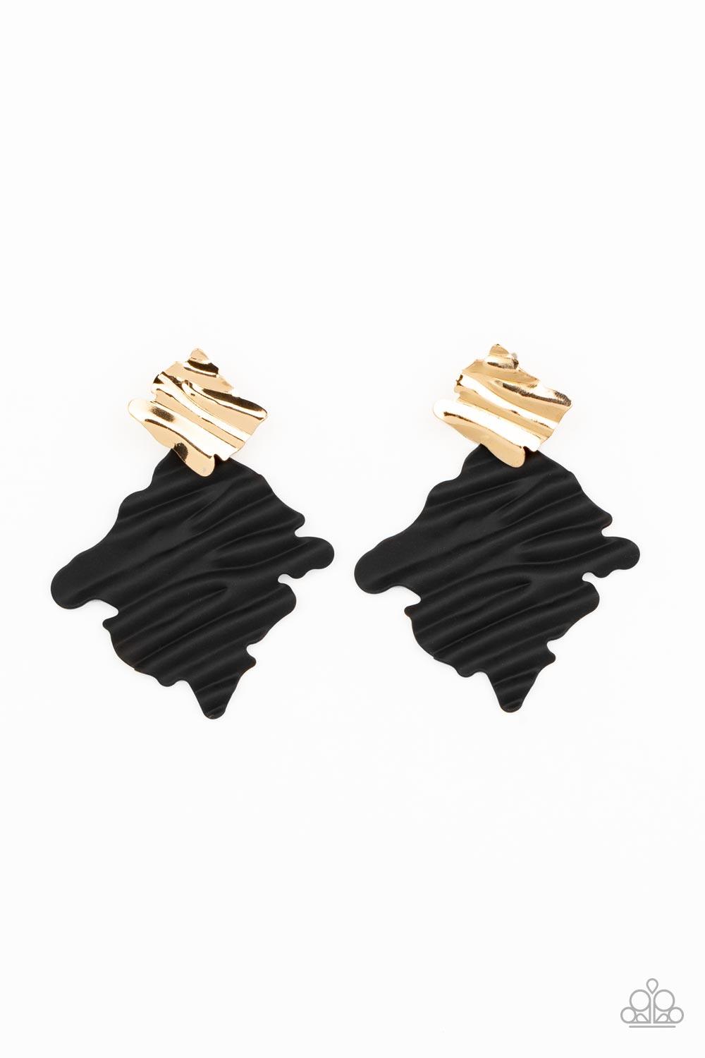 Paparazzi Accessories Crimped Couture - Gold Painted in a matte finish, a rippling black frame links to a dainty gold frame featuring crimped texture, resulting in a modern lure. Earring attaches to a standard post fitting. Sold as one pair of post earrin