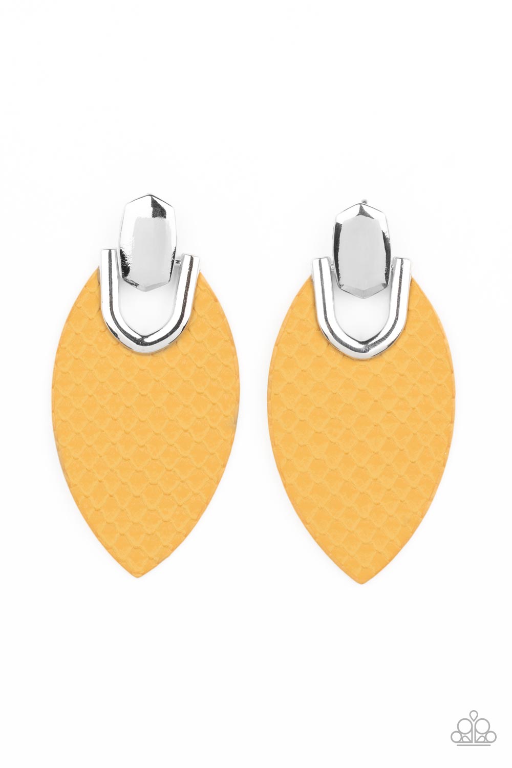 Paparazzi Accessories Wildly Workable - Yellow Featuring python-like texture, an oval yellow leather frame attaches to a bold silver fitting, creating a wild lure. Earring attaches to a standard post fitting. Sold as one pair of post earrings. Jewelry