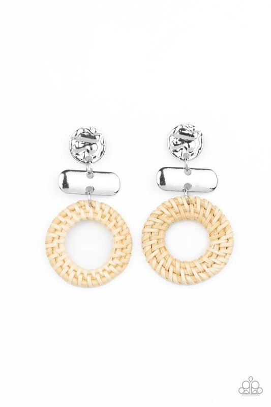 Paparazzi Accessories Woven Whimsicality - White A wicker-like hoop swings from the bottom of mismatched stacked silver frames, creating an earthy display. Earring attaches to a standard post fitting. Sold as one pair of post earrings. Earrings