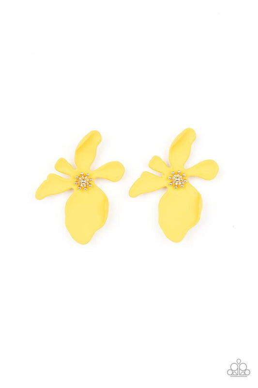 Paparazzi Accessories Hawaiian Heiress - Yellow Featuring a golden studded center, asymmetrical Illuminating petals bloom into an abstract flower for a tropical inspired look. Earring attaches to a standard post fitting. Sold as one pair of post earrings.