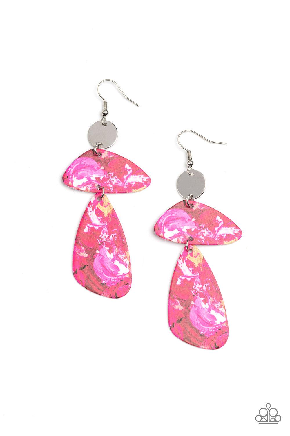 Paparazzi Accessories SWATCH Me Now - Pink Painted in abstract pink details, a pair of asymmetrical frames swing from the bottom of a dainty silver disc for an artsy look. Earring attaches to a standard fishhook fitting. Sold as one pair of earrings. Earr