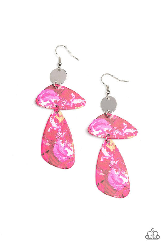 Paparazzi Accessories SWATCH Me Now - Pink Painted in abstract pink details, a pair of asymmetrical frames swing from the bottom of a dainty silver disc for an artsy look. Earring attaches to a standard fishhook fitting. Sold as one pair of earrings. Earr