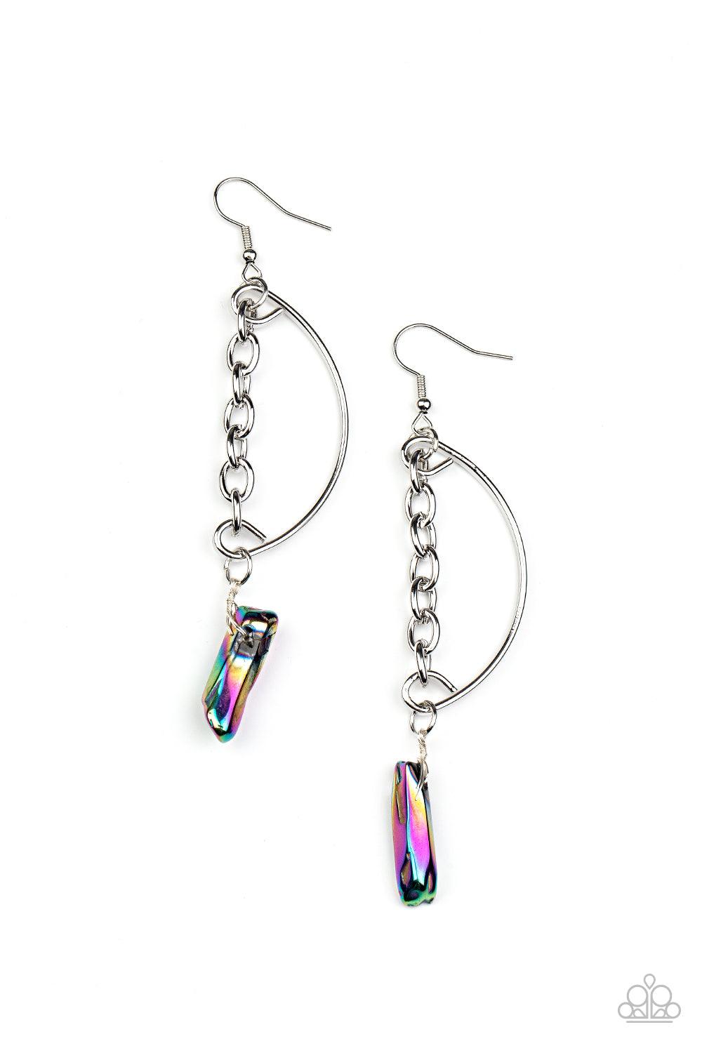 Paparazzi Accessories Yin to My Yang - Multi Featuring an oil spill finish, a raw rock-like bead swings from the bottom of a solitaire silver chain that attaches to a bowing silver bar for an edgy look. Earring attaches to a standard fishhook fitting. As