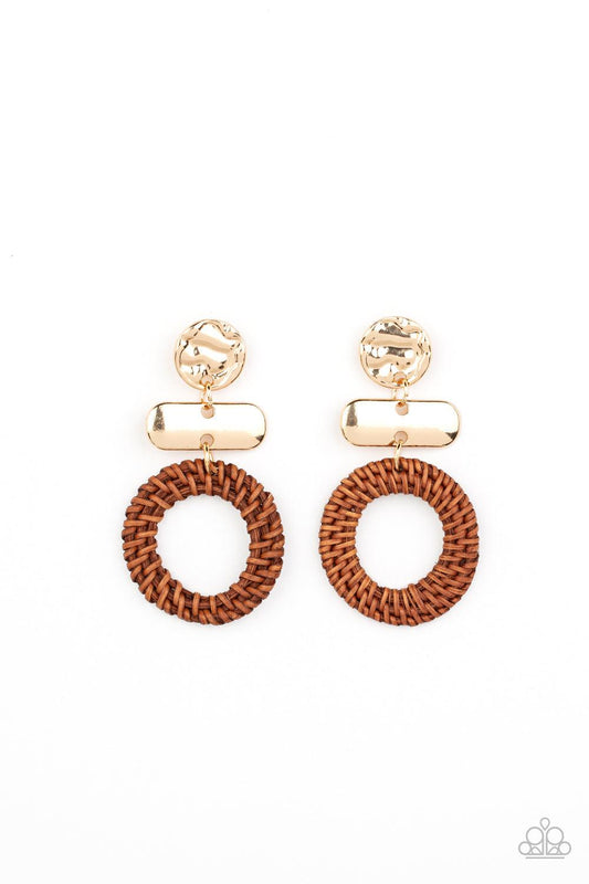 Paparazzi Accessories Woven Whimsicality - Gold A brown wicker-like hoop swings from the bottom of mismatched stacked gold frames, creating an earthy display. Earring attaches to a standard post fitting. Sold as one pair of post earrings. Earrings