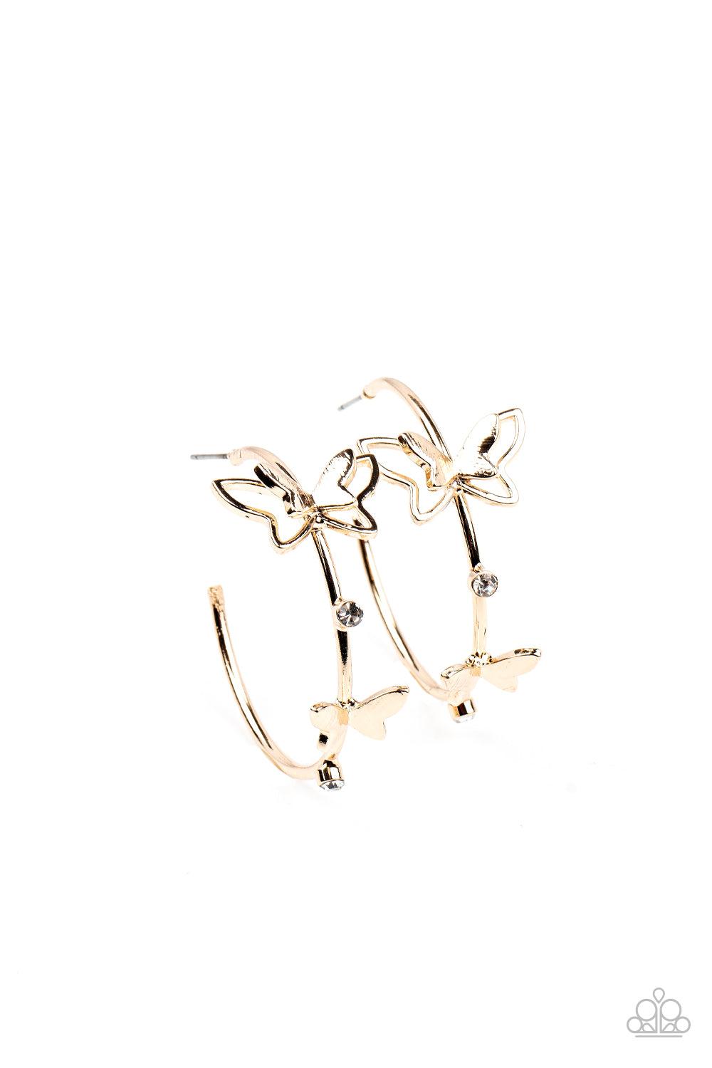 Paparazzi Accessories Full Out Flutter - Gold A pair of dainty gold butterflies flutter atop a glistening gold hoop dotted with dainty white rhinestones, creating a whimsical sight. Earring attaches to a standard post fitting. Hoop measures approximately