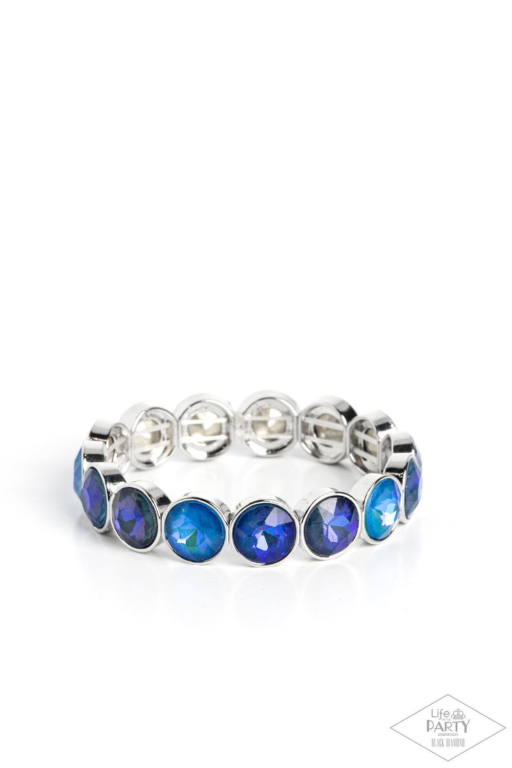 Paparazzi Accessories Radiant on Repeat - Blue Encased in sleek silver fittings, a sparkly series of opalescent blue rhinestones are threaded along stretchy bands around the wrist for a radiant finish. Sold as one individual bracelet. Jewelry