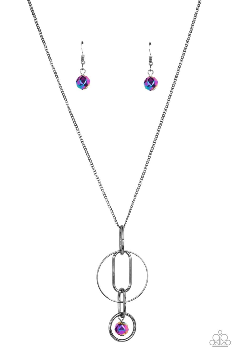 Paparazzi Accessories Park Avenue Palace - Multi A collection of oval and round gunmetal links, embellished with a faceted oil spill bead suspended inside the bottom most round frame, coalesce into a flirty charm as it sways from the bottom of a lengthene