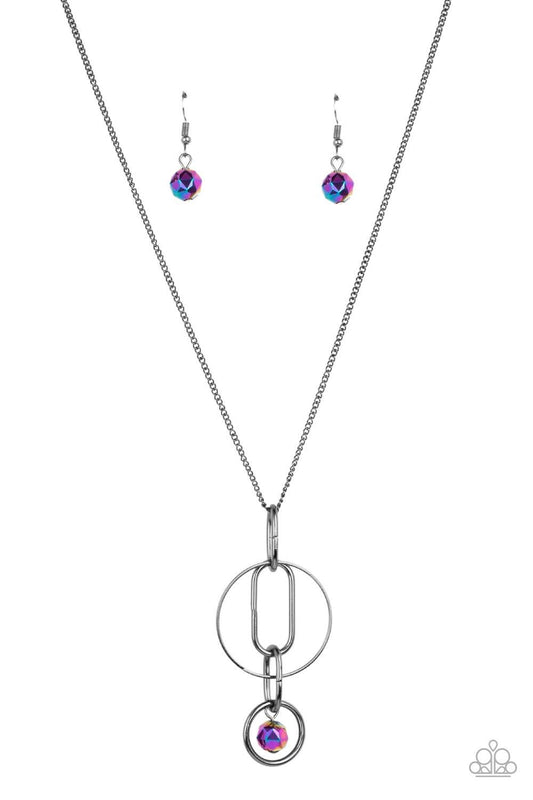 Paparazzi Accessories Park Avenue Palace - Multi A collection of oval and round gunmetal links, embellished with a faceted oil spill bead suspended inside the bottom most round frame, coalesce into a flirty charm as it sways from the bottom of a lengthene