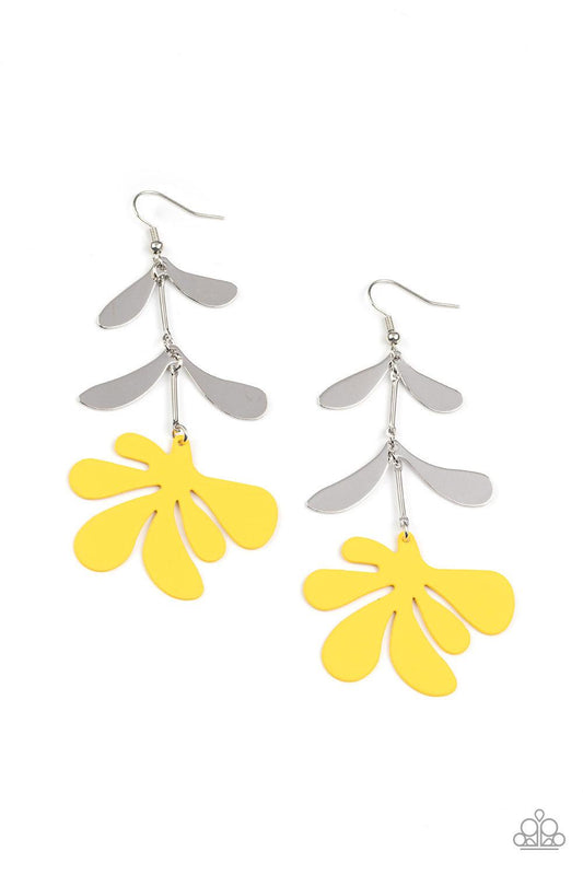 Paparazzi Accessories Palm Beach Bonanza - Yellow Painted in the lively Pantone® of Primrose, a fun metal palm leaf cut-out sways below two fanciful silver leaves separated by simple silver rods for a whimsical lure. Earring attaches to a standard fishhoo