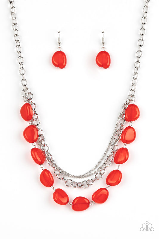 Paparazzi Accessories Pumped Up Posh - Red Layers of dainty and classic silver chain mingle with a row of flattened asymmetrical red beads for a polished and posh layered look below the collar. Features an adjustable clasp closure. Sold as one individual