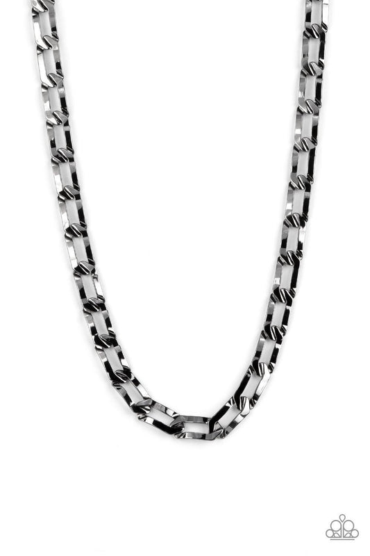 Paparazzi Accessories Full-Court Press - Black Crimped gunmetal oval links boldly interconnect across the chest, creating a classic urban look. Features an adjustable clasp closure. Sold as one individual necklace. Jewelry
