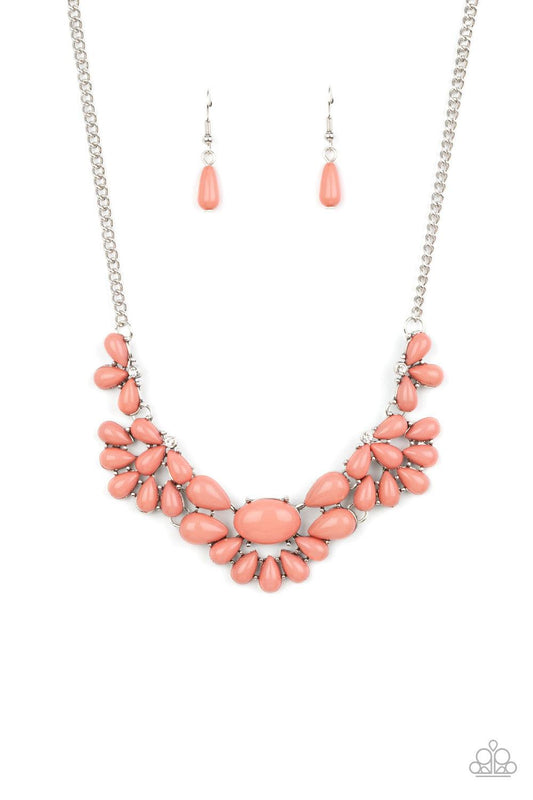 Paparazzi Accessories Secret GARDENISTA - Pink Teardrop Pale Rosette beads fan out from the bottoms of solitaire white rhinestones as they link below the collar, creating whimsically stacked frames. Featuring an oval center, oversized teardrop beads flare