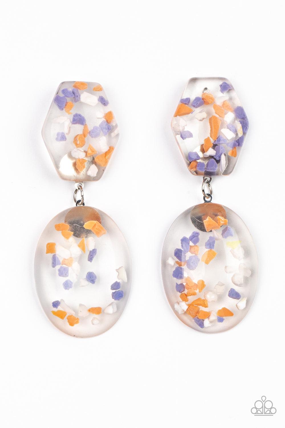 Paparazzi Accessories Flaky Fashion - Orange Featuring multicolored confetti-like flakes, a clear acrylic oval frame swings from the bottom of a matching hexagonal frame, creating a bubbly lure. Earring attaches to a standard post fitting. Sold as one pai