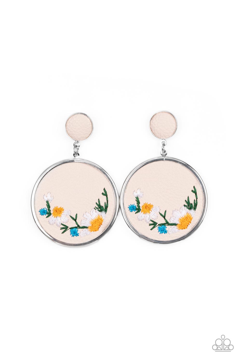 Paparazzi Accessories Embroidered Gardens - Multi A small leather disc, encased in a simple silver frame, anchors a larger leather circle that is adorned with fanciful embroidered flowers creating a whimsical lure. Earring attaches to a standard post fitt