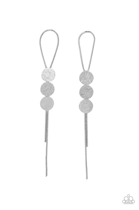 Paparazzi Accessories Bolo Beam - Silver A silver loop of round snake chain is held in place by a trio of scratched silver discs, creating a trendy bolo-like lure. Earring attaches to a standard post fitting. Sold as one pair of post earrings. Earrings