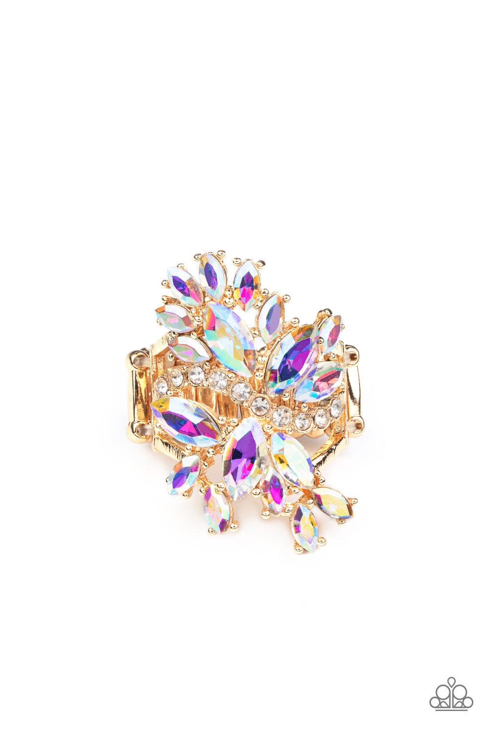 Paparazzi Accessories Flauntable Flare - Gold An explosion of iridescent marquise cut rhinestones flare out from a wavy band of dainty white rhinestones, creating a glamorously golden centerpiece atop the finger. Features an adjustable clasp closure. Sold