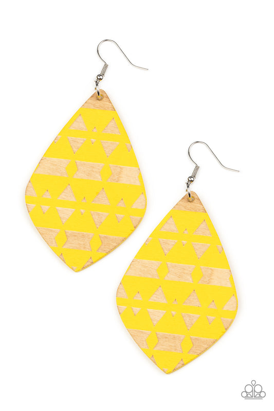 Paparazzi Accessories Zimbabwe Zoo - Yellow An Illuminating diamond shaped wooden frame is etched in a geometric tribal pattern, creating a vivacious display. Earring attaches to a standard fishhook fitting. Sold as one pair of earrings. Jewelry