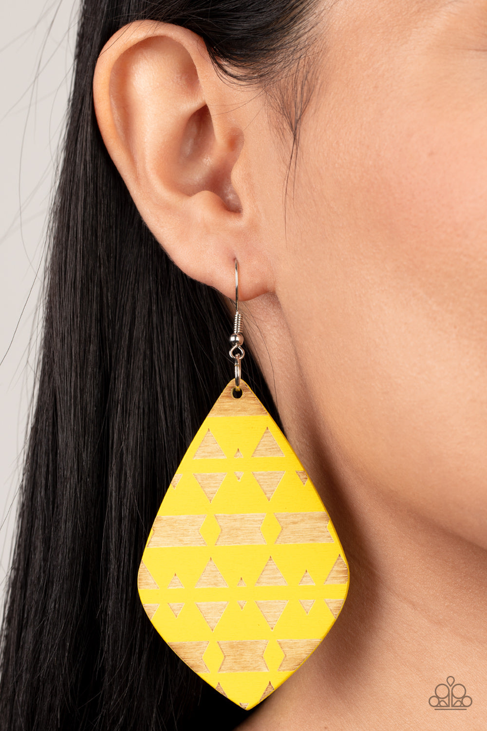 Paparazzi Accessories Zimbabwe Zoo - Yellow An Illuminating diamond shaped wooden frame is etched in a geometric tribal pattern, creating a vivacious display. Earring attaches to a standard fishhook fitting. Sold as one pair of earrings. Jewelry