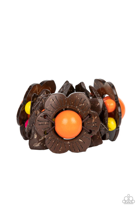 Paparazzi Accessories Mediterranean Mangrove - Multi Wooden flower petals with oversized vibrant orange bead centers create a stunning statement. Double layers of irregular shaped wood chips and bright pink, yellow, and orange beads are threaded along str