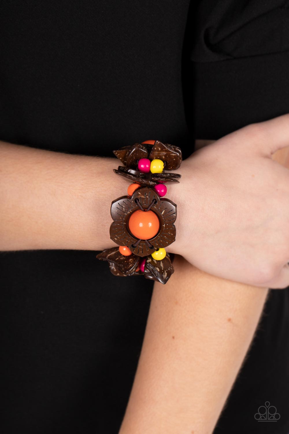 Paparazzi Accessories Mediterranean Mangrove - Multi Wooden flower petals with oversized vibrant orange bead centers create a stunning statement. Double layers of irregular shaped wood chips and bright pink, yellow, and orange beads are threaded along str