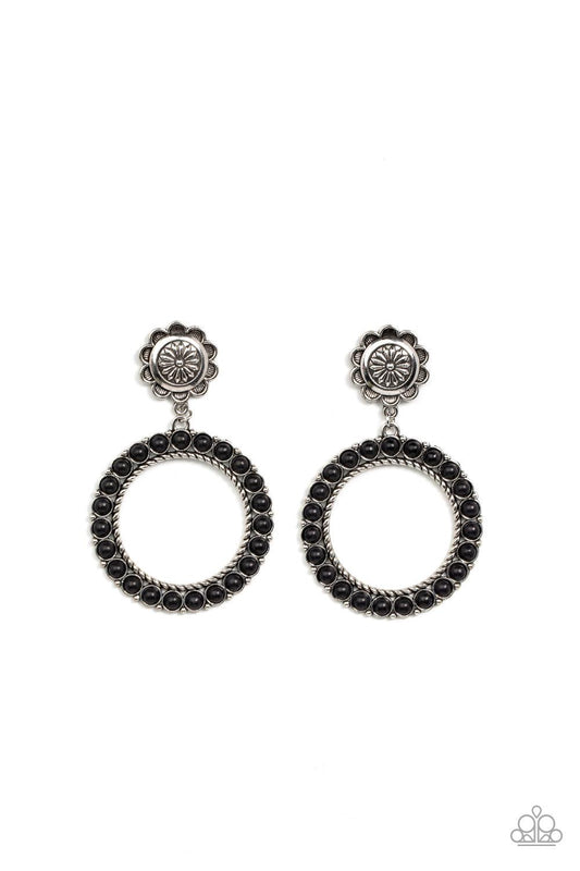 Paparazzi Accessories Playfully Prairie - Black Featuring studded and twisted rope-like silver accents, a black stone dotted hoop swings from the bottom of a rustic silver flower for a whimsically floral fashion. Earring attaches to a standard post fittin