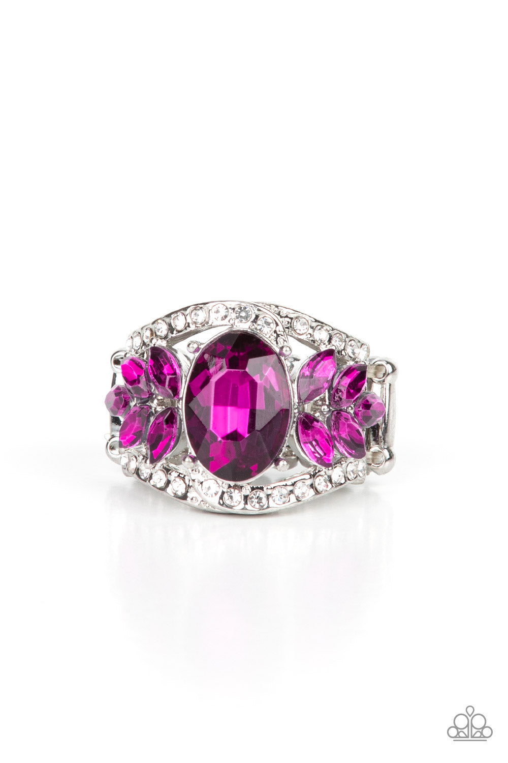 Paparazzi Accessories Cosmic Clique - Pink Bordered in dainty rows of glassy white rhinestones, leafy pink rhinestones bloom from a dramatically oversized pink oval rhinestone that coalesces into a glamorous centerpiece atop the finger. Features a stretch