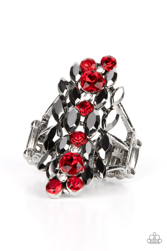 Paparazzi Accessories Smoky Smolder - Red A cascade of dainty white, marquise cut hematite, and round red rhinestones tumble down the finger, coalescing into a smoldering centerpiece. Features a stretchy band for a flexible fit. Sold as one individual rin