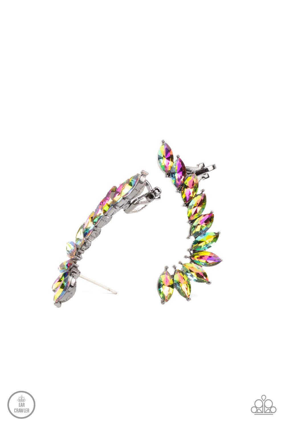 Paparazzi Accessories Stargazer Glamour - Multi A stellar stack of marquise oil spill rhinestones curve up the ear, creating a smoldering sparkle. Features a clip-on fitting at the top for a secure fit. Sold as one pair of ear crawlers. Jewelry